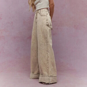 Khaki Casual Women's Washed Folded Hem Straight Leg Jeans